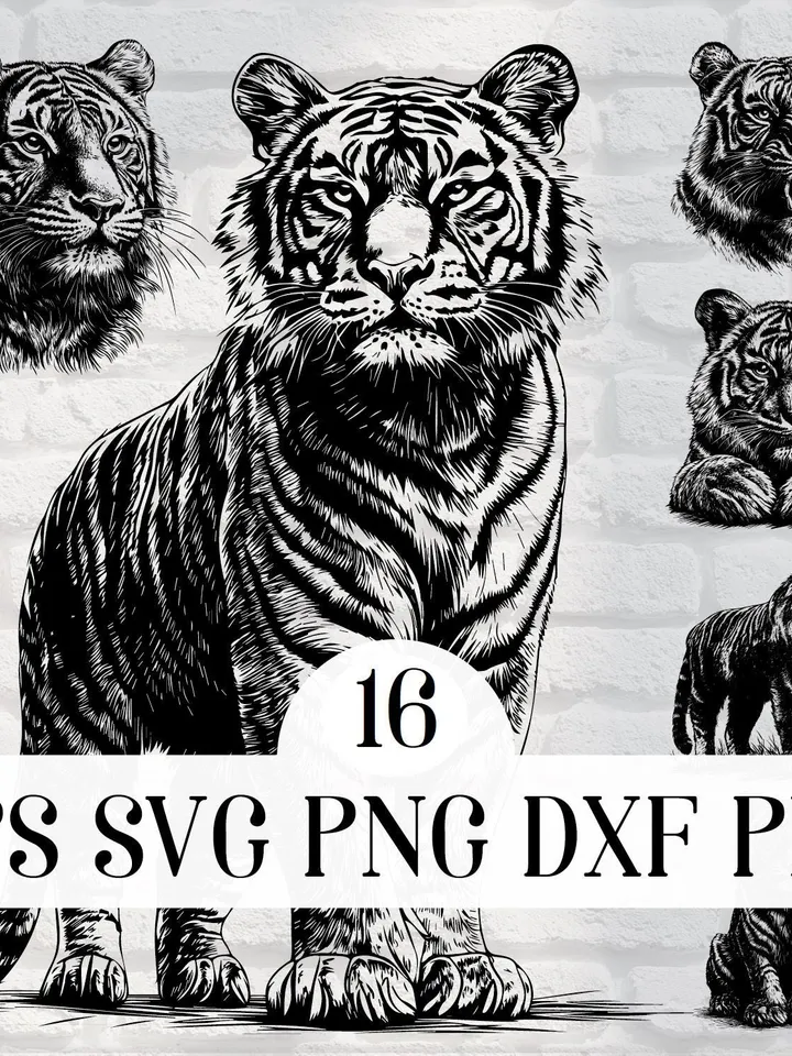 Vector 16 Tiger Design  Bundle  cute Tigress PNG for Sublimation Tiger SVG file for cricut, Wild Tiger Laser Cut file for engraving, Prints