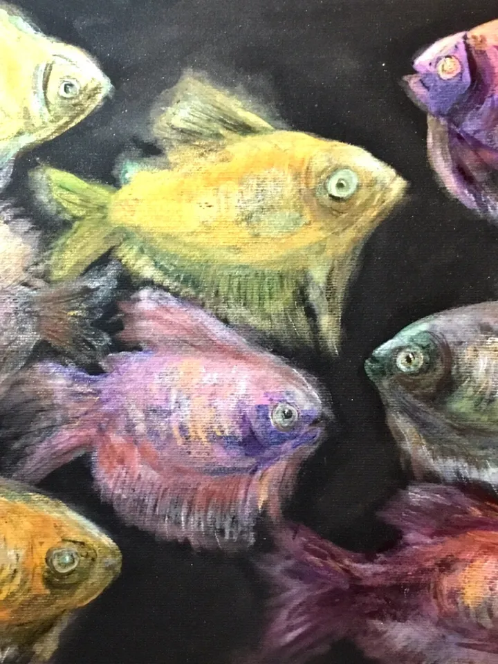 Fish aquarium painting, golden fish ,original watercolour and soft pastel painting,dark background.Home decoration.