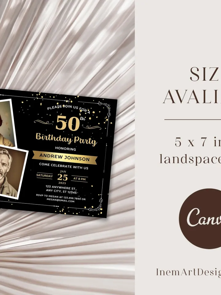 50th Birthday invitation with Photo | Adult Birthday Photo Invite | Mens birthday Black Gold landscape invitation card | Canva template
