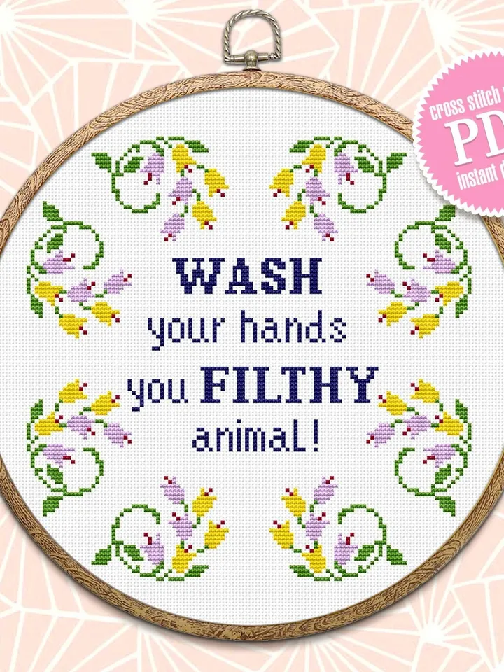 Snarky cross stitch pattern PDF download Wash your hands Funny cross stitch design Floral wreath xstitch chart Framed quote embroidery #Q27