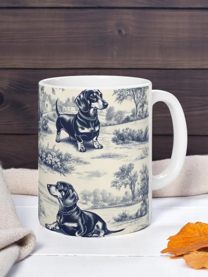 Dachshund French Toile de Jouy Mug - Blue Toile Coffee Cup for Doxie Mom, Sausage Dog Lover Gifts, Dog Tea Drinkware, Dog Mom Gift