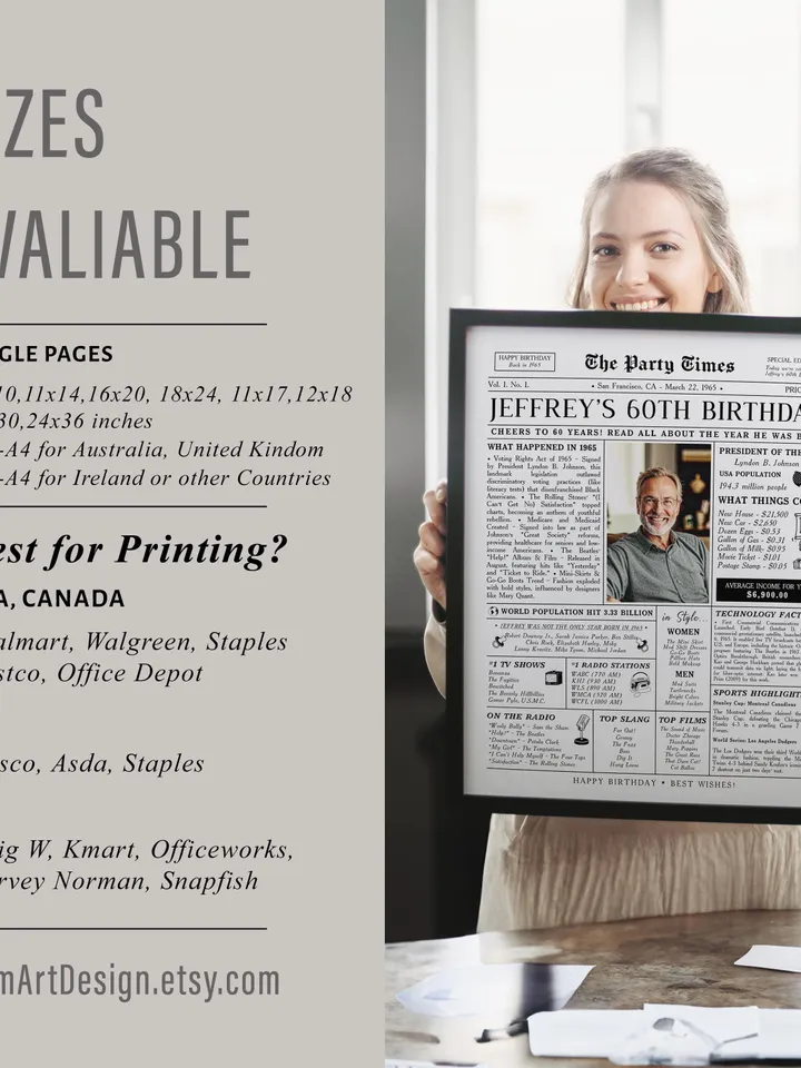 60th Birthday Newspaper Poster, 60th Birthday Gift for Dad or Husband, 1965 Birthday Sign, 60 Years Ago Back in 1965