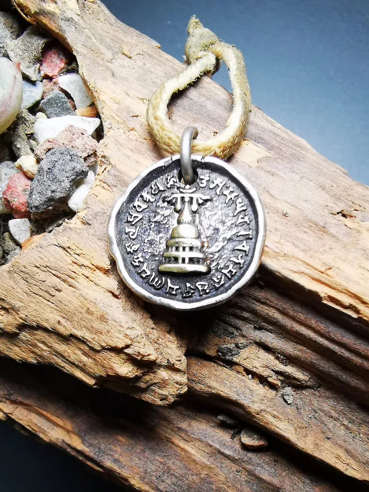 Gandhanra Handmade Tibetan Buddhist Protective Pendant,Stupa,Pagoda,Buddhist Tower Amulet Badge,Sterling silver Gilt
