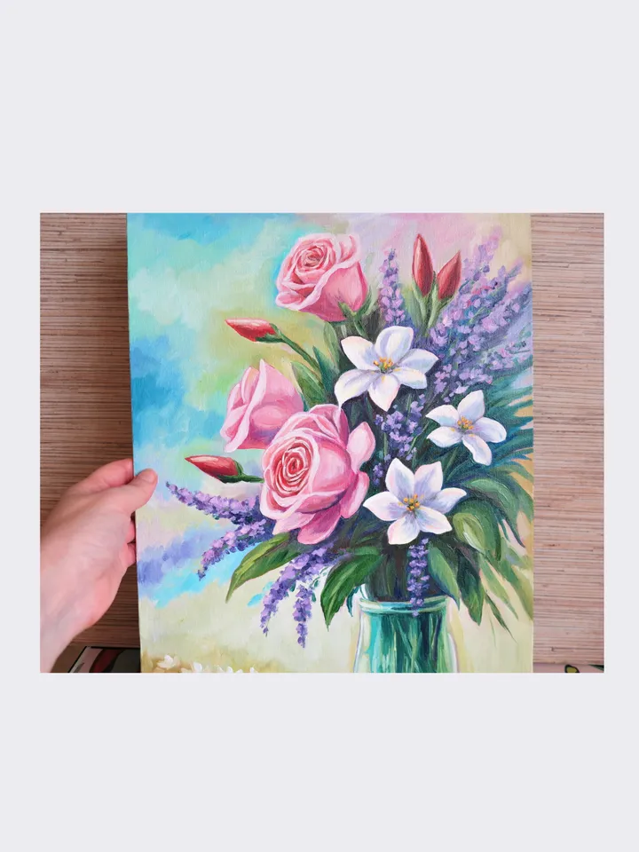 Original Oil Painting of Flowers in Vase Floral Still Life On Canvas