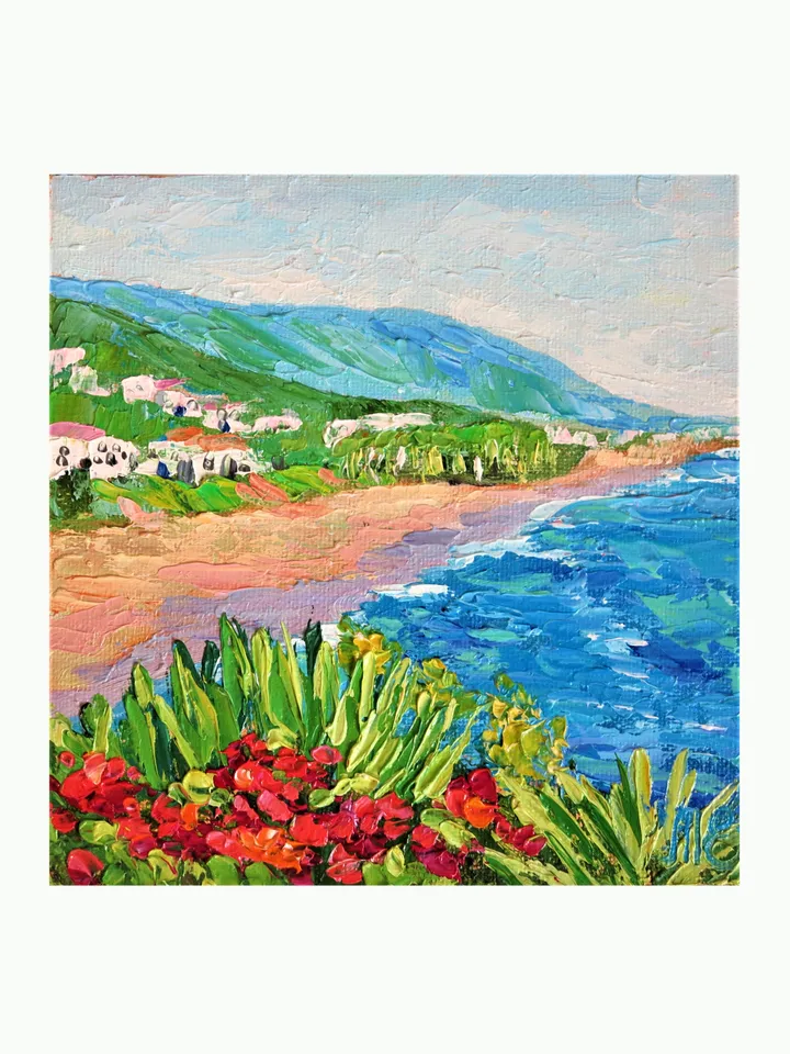 Original Oil Painting Vibrant Red Flowers and Ocean View Palette Knife Art Beach Landscape with Red Blooms Mini Artwork