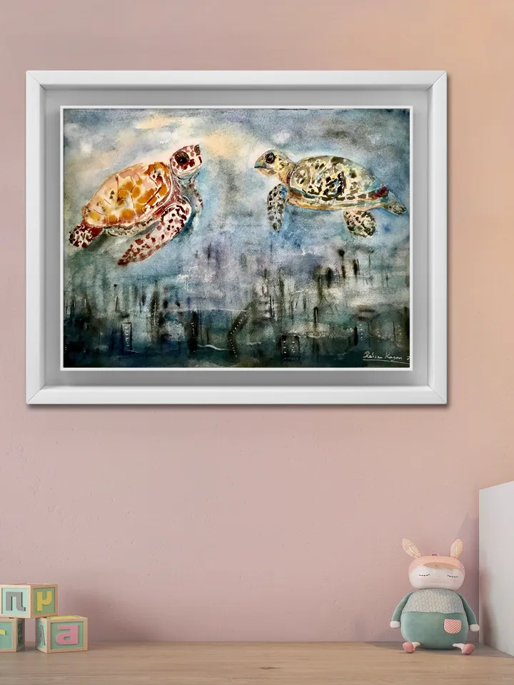 Turtles flying over a fantasy town,original watercolor painting,turtles painting,animals watercolor painting,fantasy wall art.