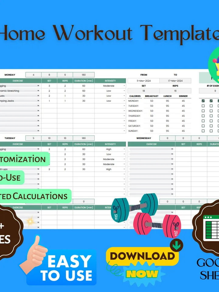 Home Workout Template, Editable Google Sheets, Digital Download for Fitness Tracking & At-Home Exercise Planning