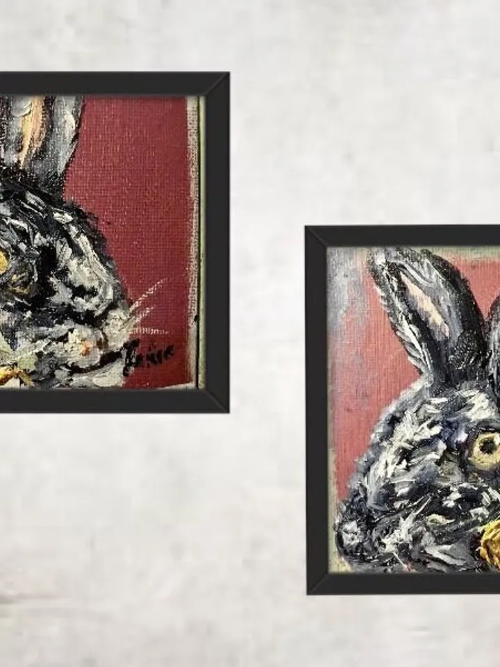 Set of 2 black rabbits painting,bunnies diptych painting original oil painting on small canvases,miniature love uniqie gift paintin