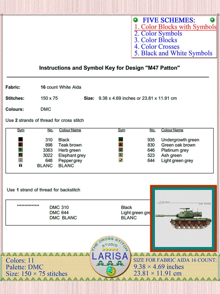 M47 Patton Cross Stitch Pattern | Patton Tank Chart | American War Machine