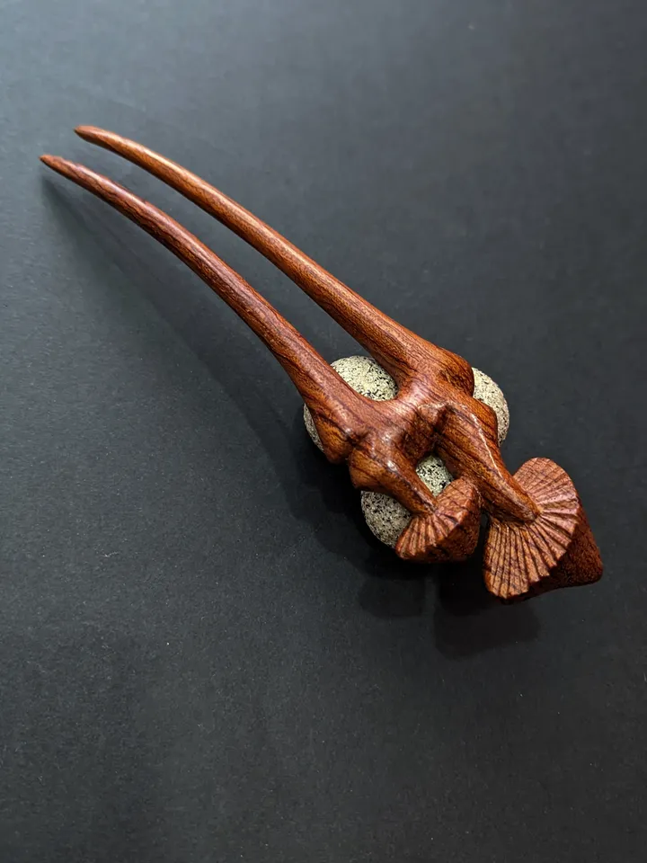 Carved wooden hairpin with mushrooms. Handmade hairpin from African bubinga wood.