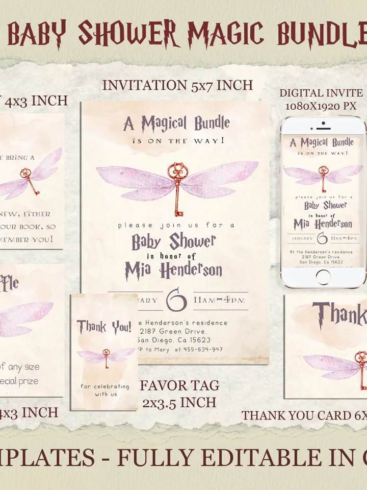 Wizard Baby Shower Invitation; Magic School Baby Schower kit template; A Magical Bundle on the Way; Magic School Invite Pack editable canva