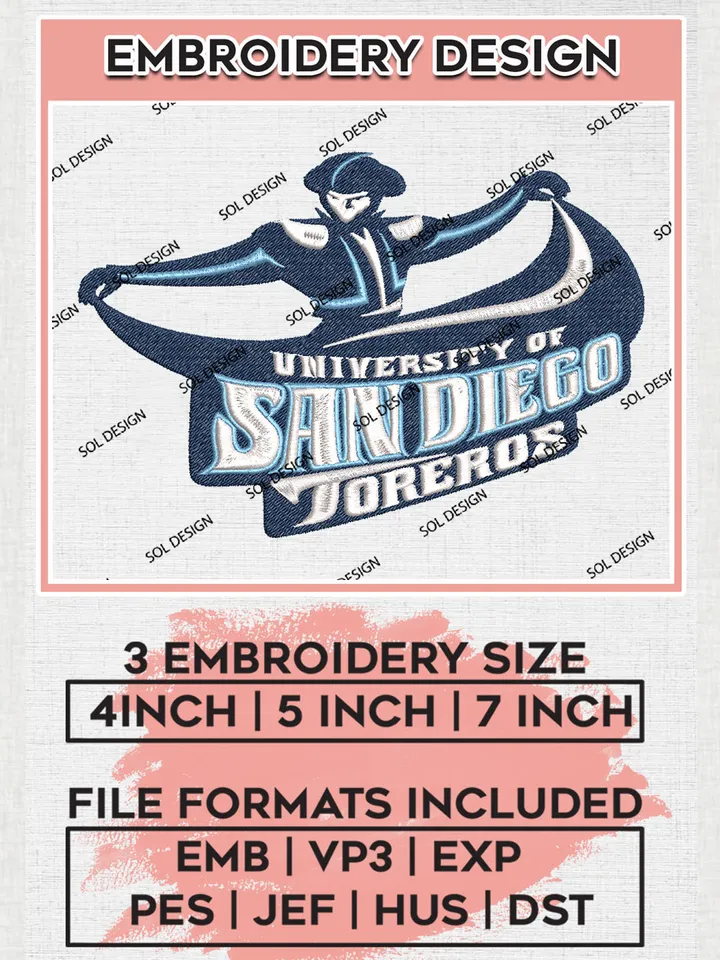 NCAA San Diego Toreros Uni.versity Football Team Logo Embroidery Design Files, NCAA San Diego Toreros Machine Embroidery, NCAA Teams, Game Day, 3 sizes, NCAA Machine embroidery designs, Digital Download
