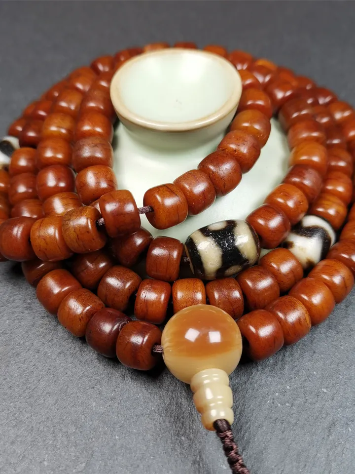 Gandhanra Handmade Tibetan Yak Bone Mala,108 Bone + Dzi Beads,Prayer Bead for Meditation,Tibetan Rosary,Diameter 10mm, Length 84cm