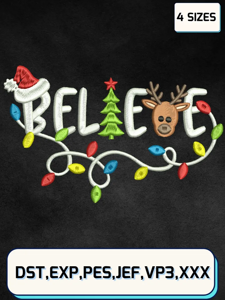 Believe Christmas Tree Light Deer Embroidery Design Files,Christmas Embroidery Designs,Machine Embroidery Files,4 Sizes