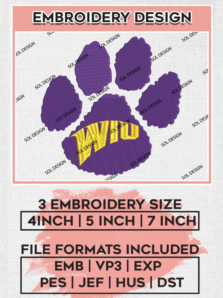 NCAA WIU Leathernecks Team Footprint Logo Embroidery Design Files, NCAA Western Illinois Leathernecks Machine Embroidery, NCAA Teams, 3 sizes, NCAA Machine embroidery designs, Digital Download