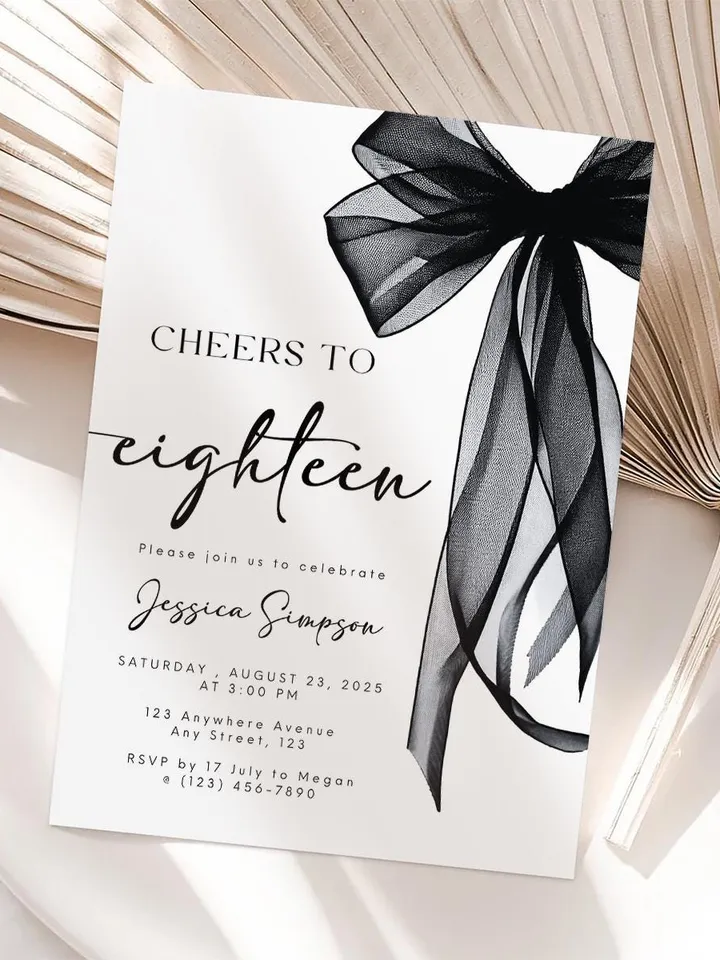 Coquette Black Bow 18th Invitation, Editable Eighteenth Birthday Party Invite, DIY Digital Black Ribbon, Cheers to Eighteen Invite
