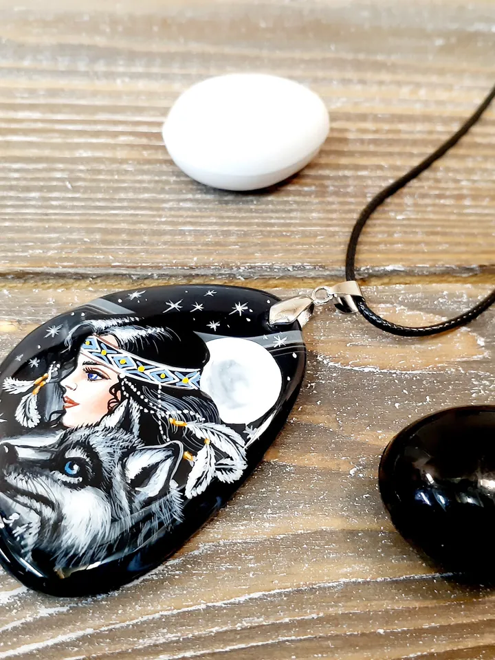 The Forest Fairy pendant. Author's work. Hand-painted on stone. Russian School of Painting. Fedoskino. Agate.Hand painted miniature painting