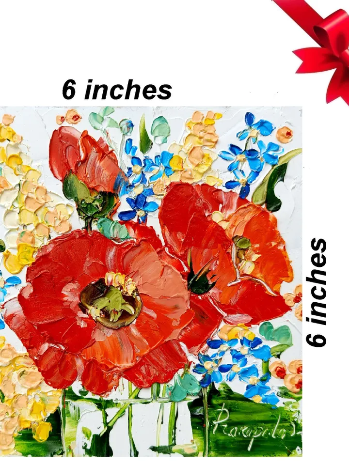 Poppy Painting Floral Original Art Impasto Oil Painting Red Flowers Small Artwork Blooms Bliss Wall Art Impressionist Art by ArtProkopaloSv