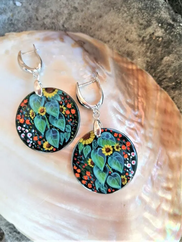 Pearl earrings: Garden flowers and Sunflower hand painted on green mother of pearl earrings • Elegant handcrafted jewelry • Stylish art gift