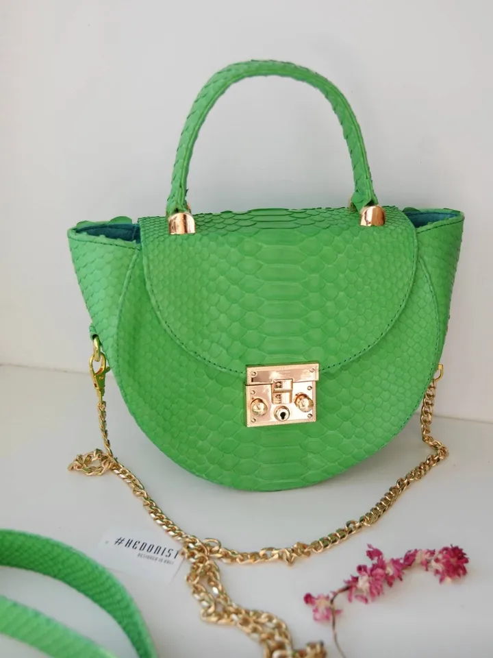 Genuine Python Skin Crosshandle Elegant Green Bag | Exotic Leather Bags | Designer Bags | Handmade Chain Crossbody Handle Women Classy Purse