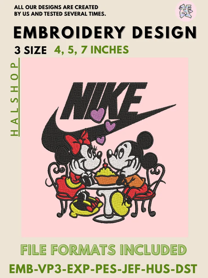 Mickey & Minnie x Nike Machine Embroidery Design – Cute Disney Couple Digital Embroidery File ❤️
