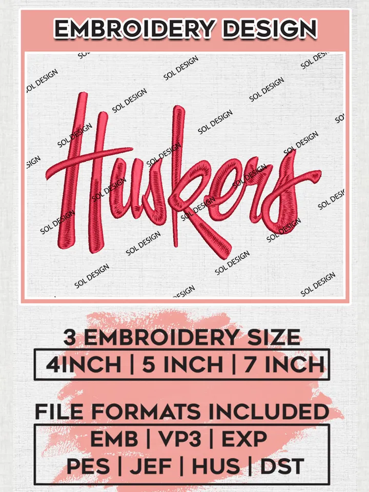 NCAA Cornhuskers Team Word Logo Embroidery Design Files, NCAA Nebraska Cornhuskers Machine Embroidery, NCAA Teams, 3 sizes, NCAA Machine embroidery designs, Digital Download