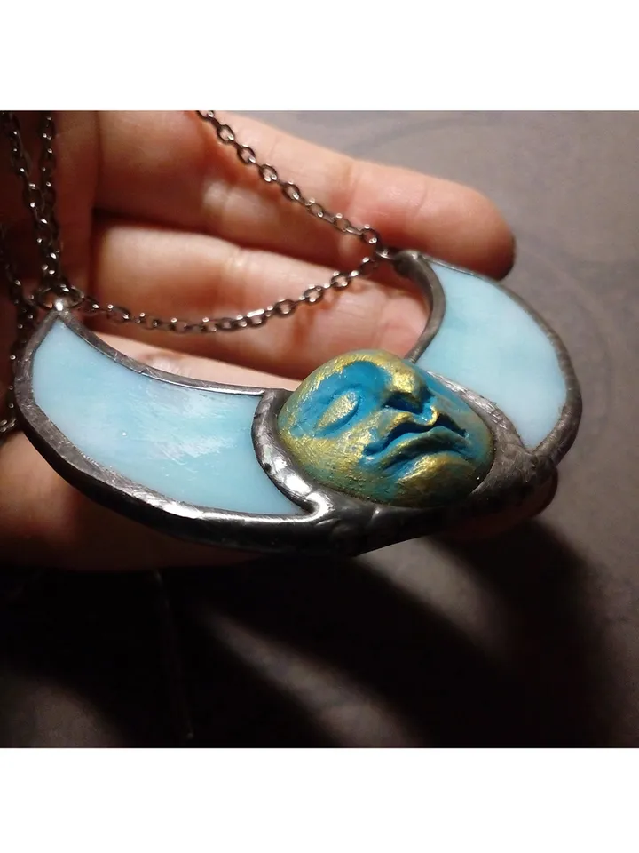 Stained glass blue moon, Moon Goddess, Moon phase necklace, Stainglass crescent, Full moon pendant, Moon face necklace