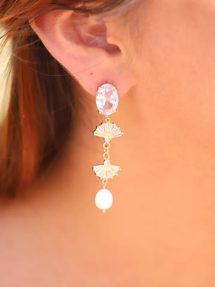 Art deco Extra Long Gold Wedding Earrings, Freshwater Pearl Boho Bridal Earrings, Fan Vintage Style Statement Earrings, Swarovski Jewelry
