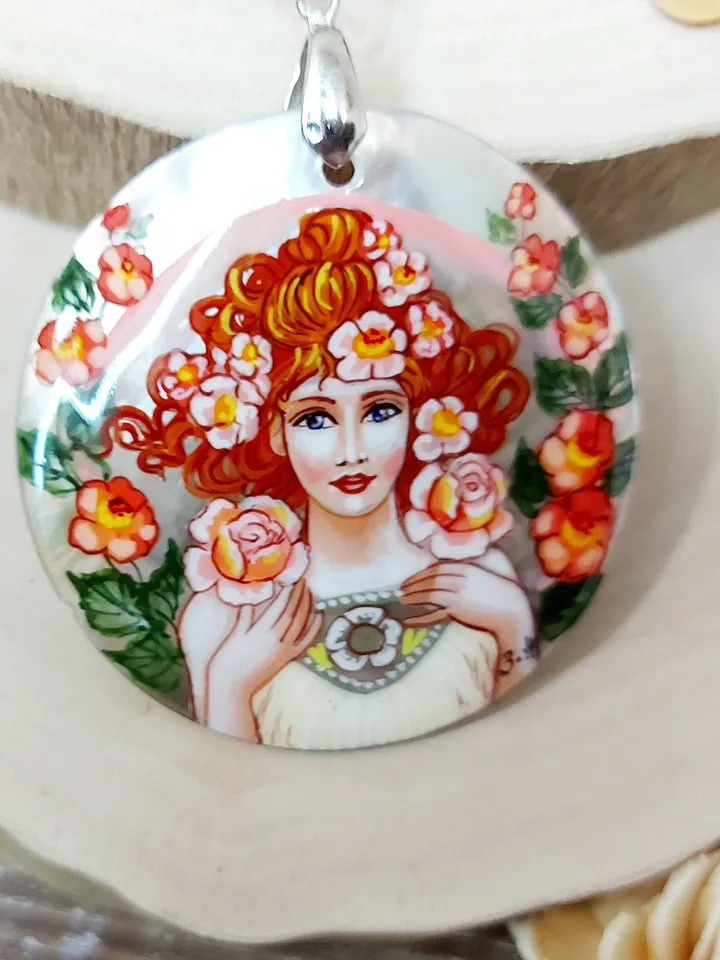 Pearl pendant necklace: Rose by Alphonse Mucha on aesthetic pendant. Handmade Floral jewelry with abalone mother-of-pearl. Gift for mother