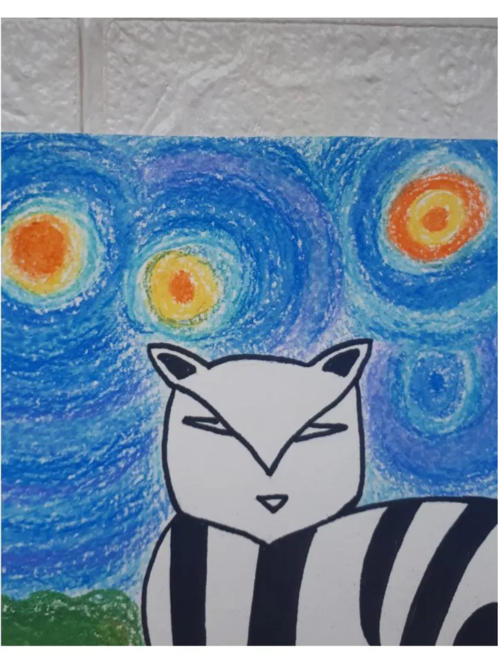 Cat Gogh Starry Night Oil Pastel Art, Abstract Artwork, Outsider Drawing