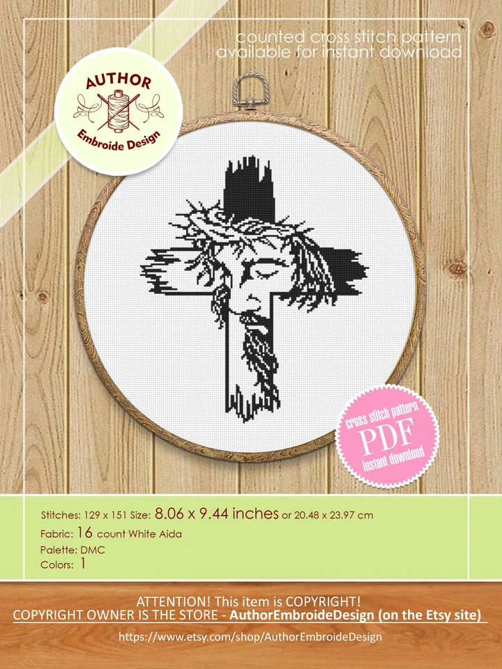 Religious cross with Jesus cross stitch pattern PDF instant download Christian cross stitch chart, Jesus on the cross digital pattern #O21