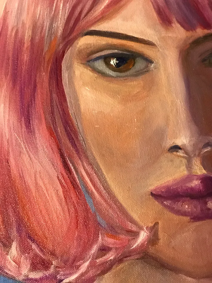 film closer sexy girl with bright pink hair portrait oil painting