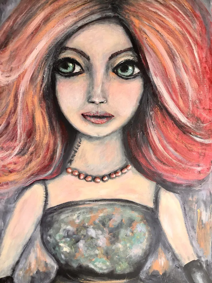 Madlen doll original oil and acrylic mix media painting on stretched canvas.decorated with natural rose river pearls,abstract background.