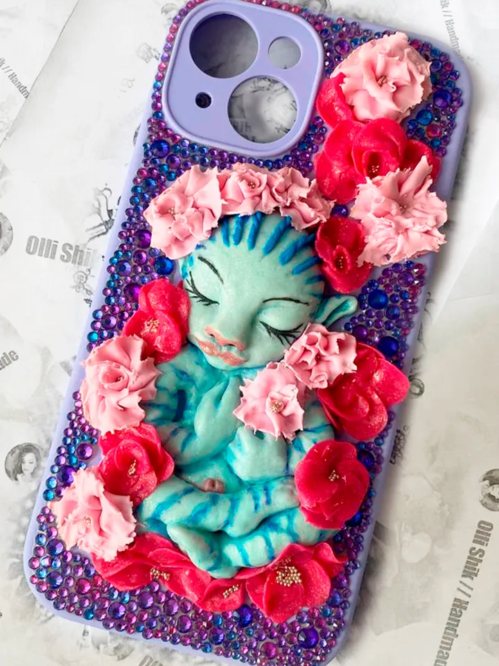 Case for iPhone 15 / baby avatar, rhinestones, flowers, hand decoration.