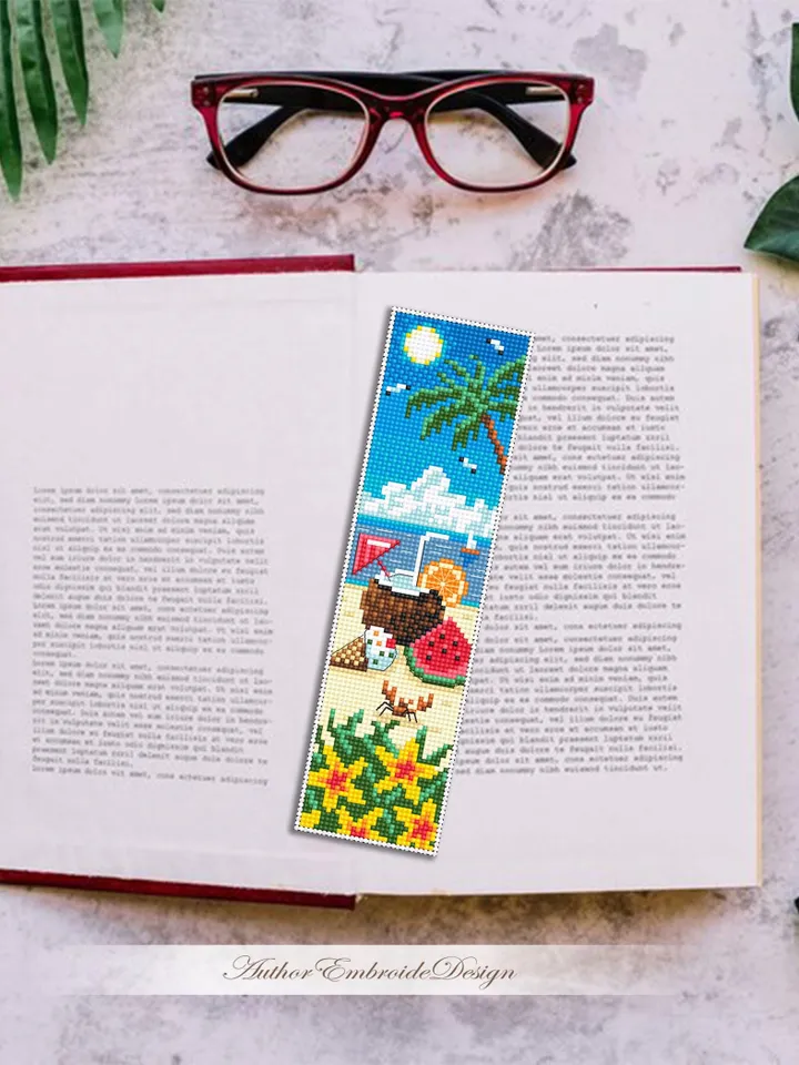Beach bookmark cross stitch pattern PDF download Tropical drink cross stitch chart, Summer bookmark pattern digital, Beach life Hawaii #B434