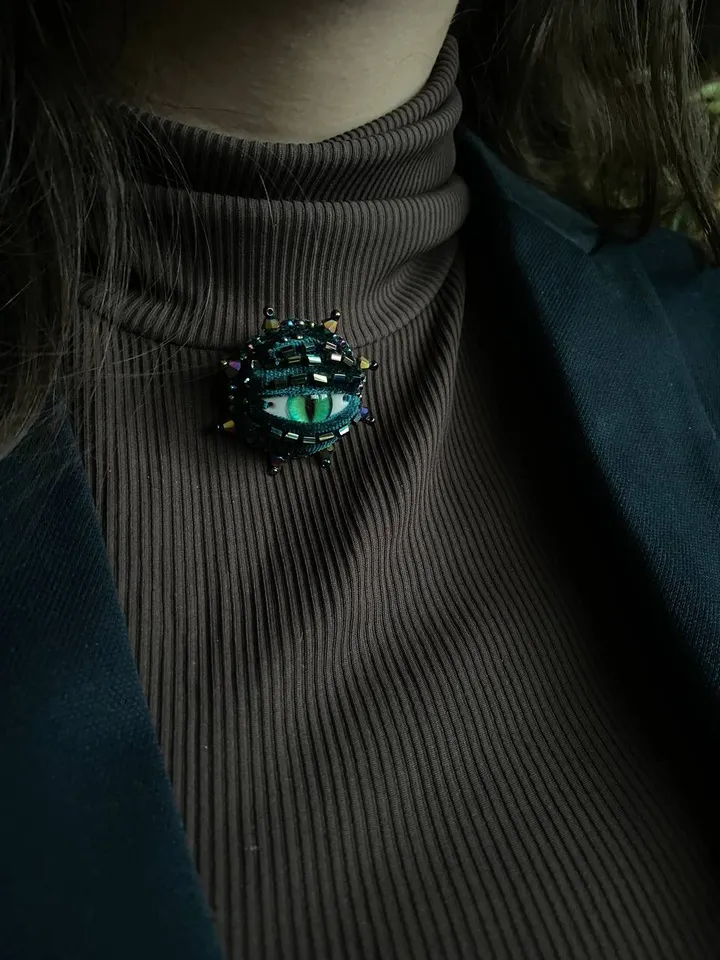 Medieval style brooch Green eye dragon brooch, Green eye brooch