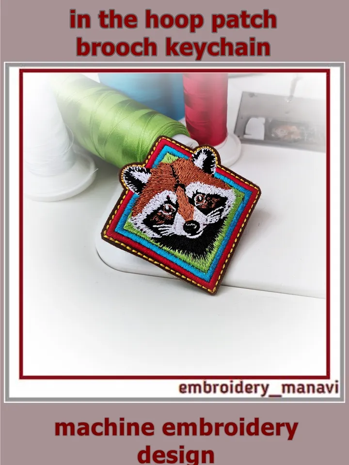 In The Hoop patch or pendant, or brooch with raccoon Machine embroidery design