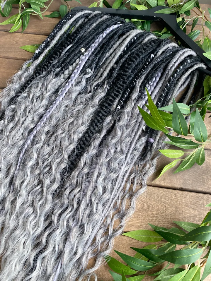 Black and gray synthetic crochet curly Double ended Dreads Ready to ship