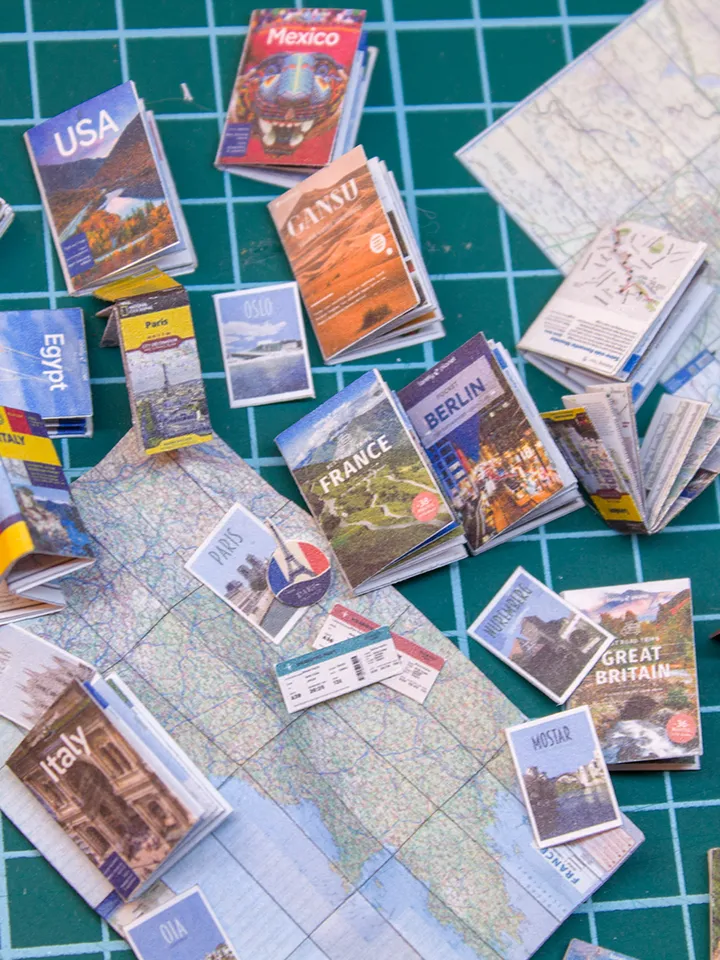 TEMPLATE 3 sheets of miniature travel booklets, maps, postcards, stickers