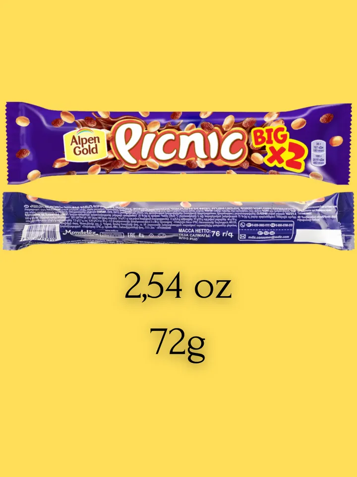 Chocolate bar "Picnic" Big, 15 pcs with peanuts and raisins 2,54oz (38,10oz)