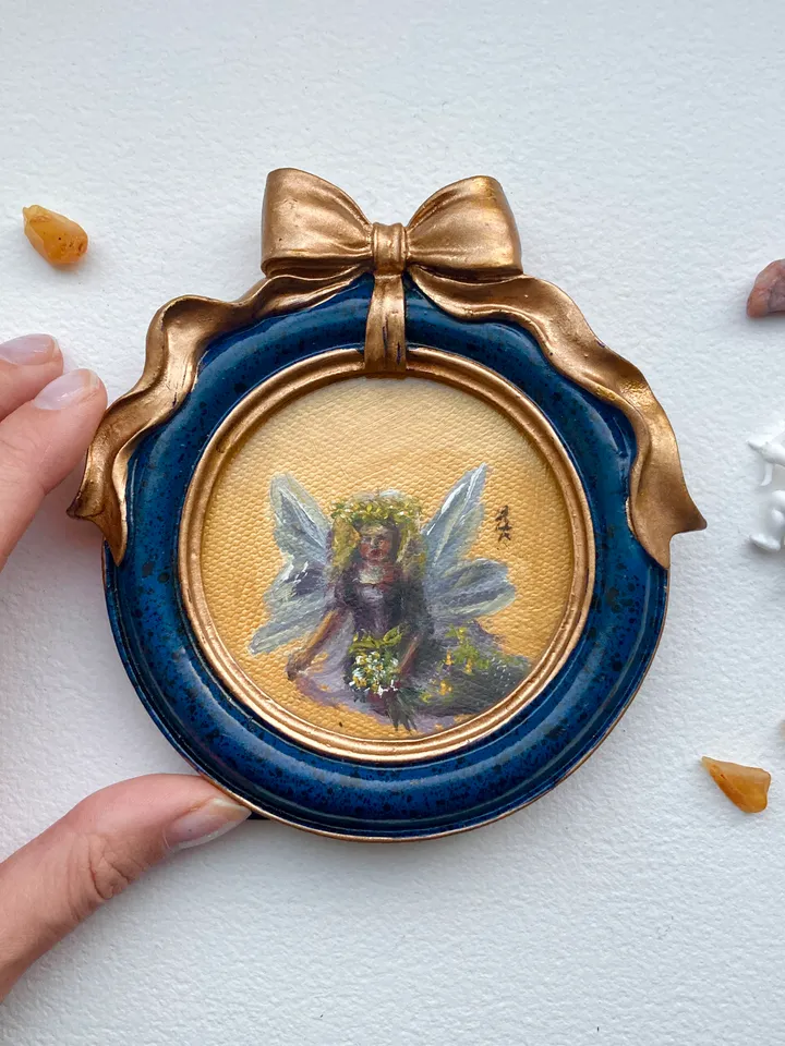 Fairy Painting Small Original Framed Art Forest Witch Gifts Mini Gold Framed Decor, Fairy Creatures Art, Tiny Art Whimsigoth Decor