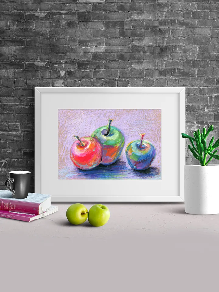 Still life three bright apples, Original oil pastel drawing on A4 craft paper.
