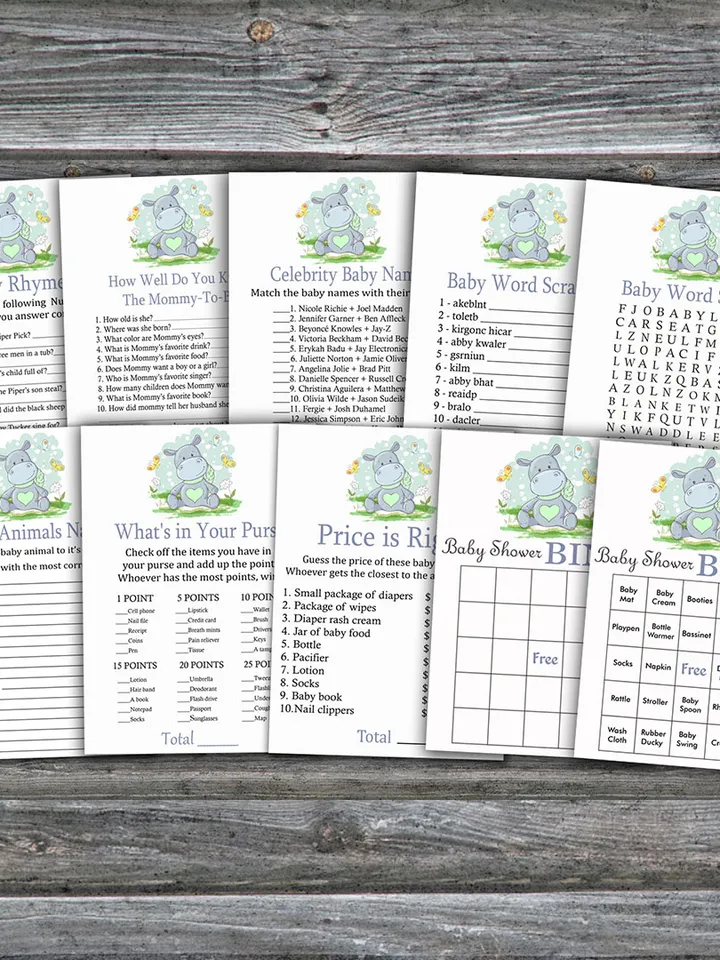 Hippo baby shower games bundle,Safari Baby Shower games package,Fun Baby Shower Games,9 Printable Games-304
