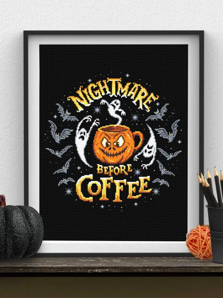 Nightmare before coffee cross stitch pattern download PDF, Halloween coffee mug cross stitch, Scary ghost, Halloween pumpkin embroidery #H42