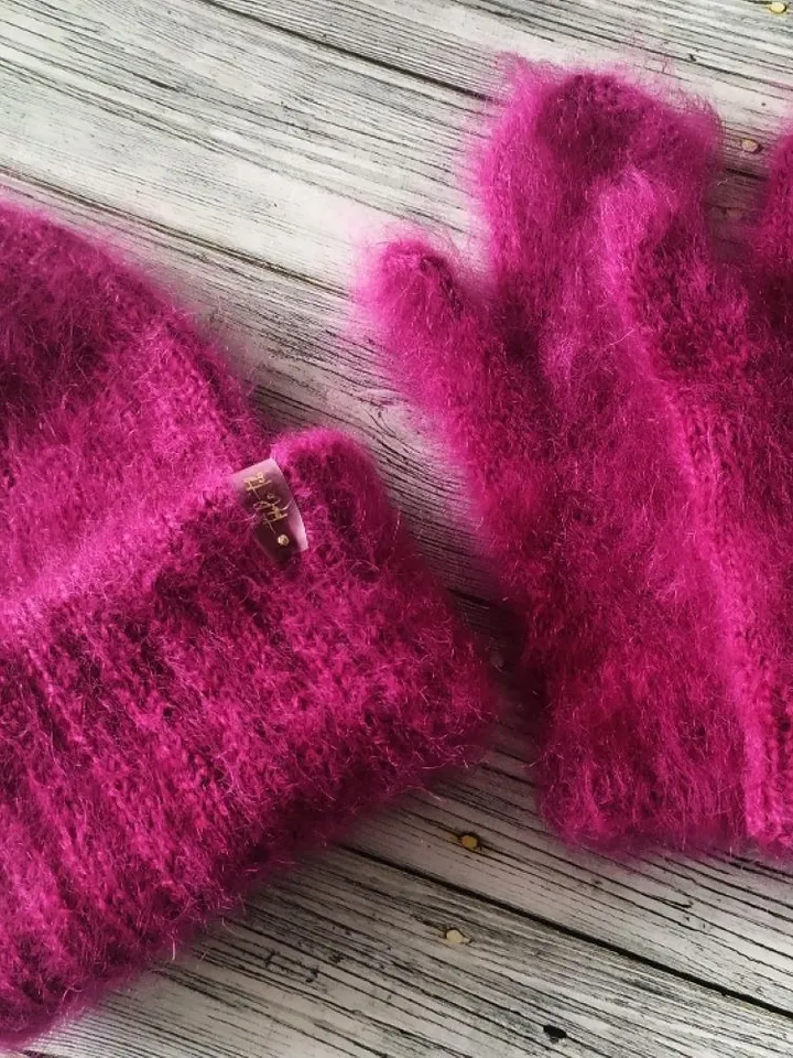 Warm fluffy winter hat and mittens