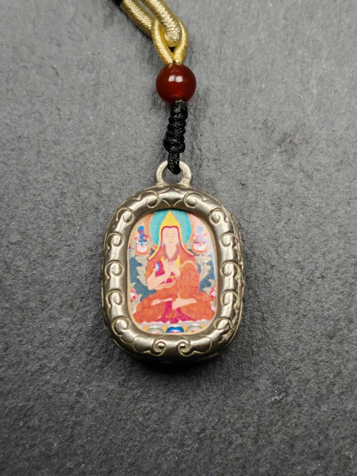 Gandhanra Antique Handmade Tsongkhapa Gau Ghau Shrine, Mini Tibetan Buddhist Altar Amulet Pendant,Made of White Copper