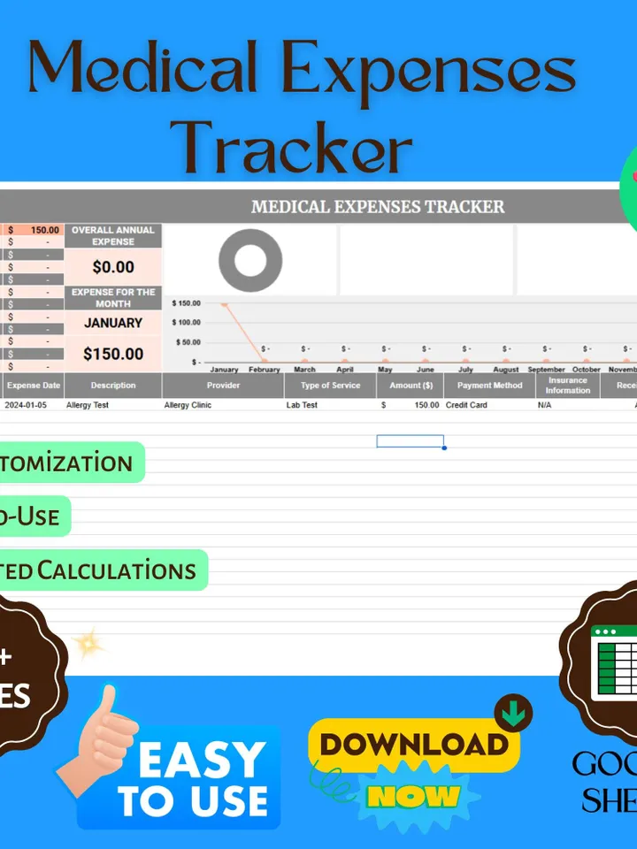 Medical Expenses Tracker Template, Editable Google Sheets, Digital Download for Health Expense Management & Budgeting