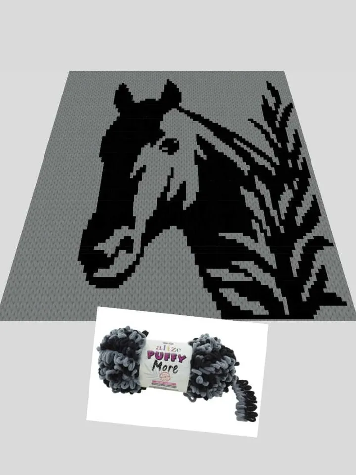 Loop yarn Finger knitted Black Horse blanket pattern