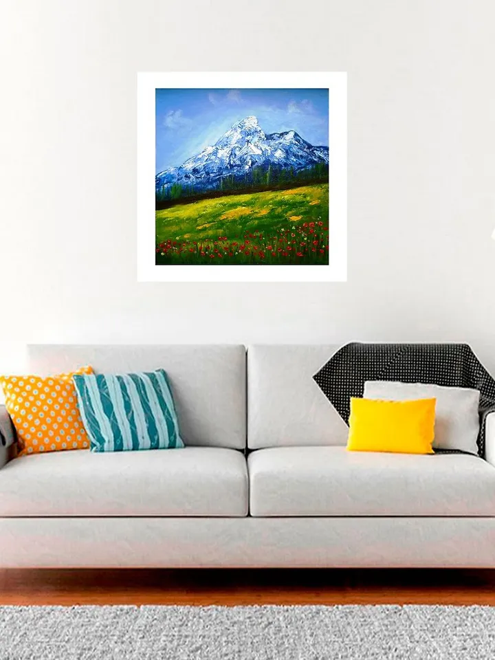 Landscape Rocky Mountains Red Poppies Flower Fields Original Oil painting