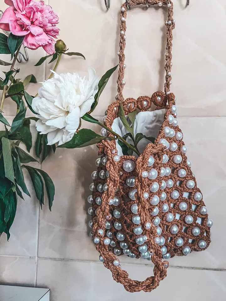 Raffia bag with beads crochet pattern PDF, digital instant download, video tutorial, summer bag, bridesmaid bag, net bag
